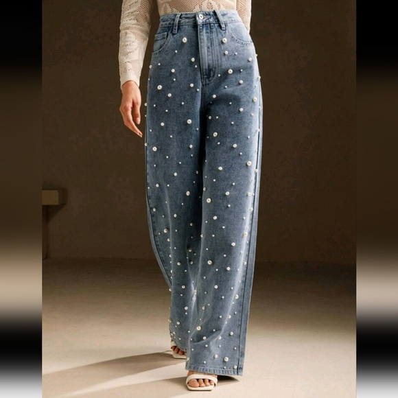 Women's High Waist Fashion Pearl Embellished Straight Loose Wide Leg Jeans - Picture 1 of 7